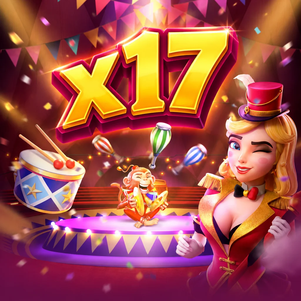 Pemandu sirkus wanita dan monyet pemukul simbal di panggung sirkus dengan logo x17 Circus Delight